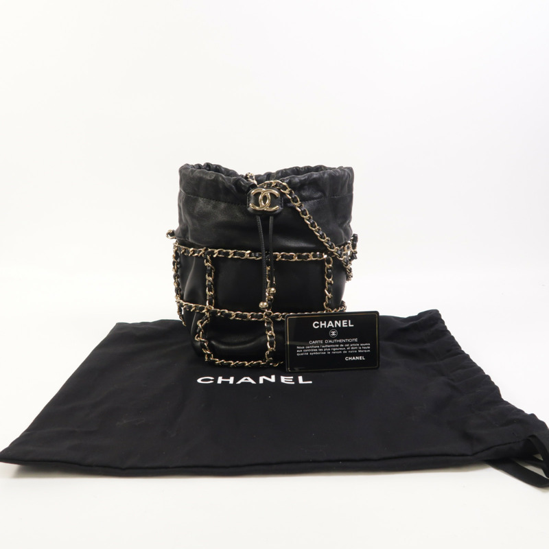 CHANEL 羊皮皮革Drawstring Bag金扣鏈帶肩背袋-10