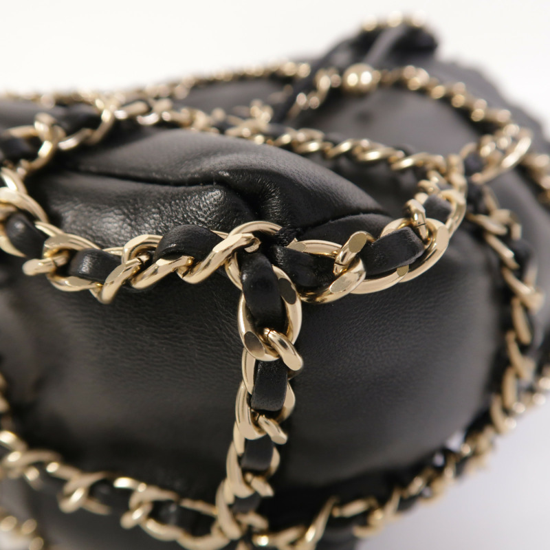 CHANEL 羊皮皮革Drawstring Bag金扣鏈帶肩背袋-11