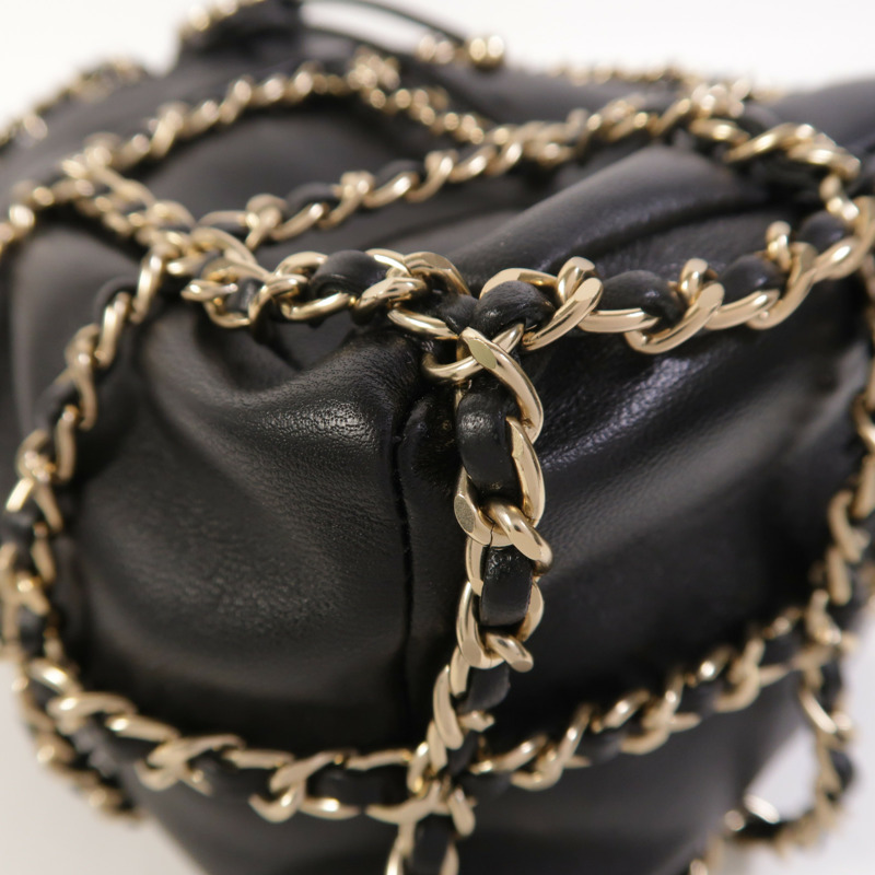 CHANEL 羊皮皮革Drawstring Bag金扣鏈帶肩背袋-12