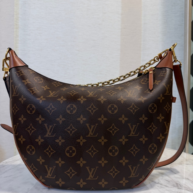 LV 雙色原花咖牛皮金釦Loop hobo半月肩斜背包M46311-7