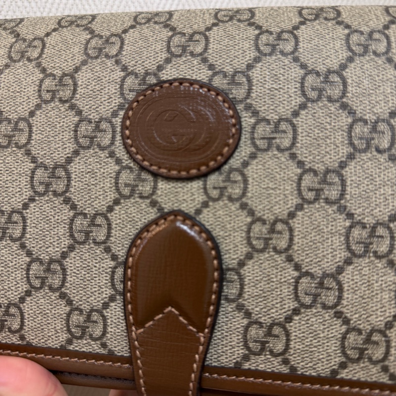 Gucci PVC咖牛皮金釦雙層磁吸斜背包-1