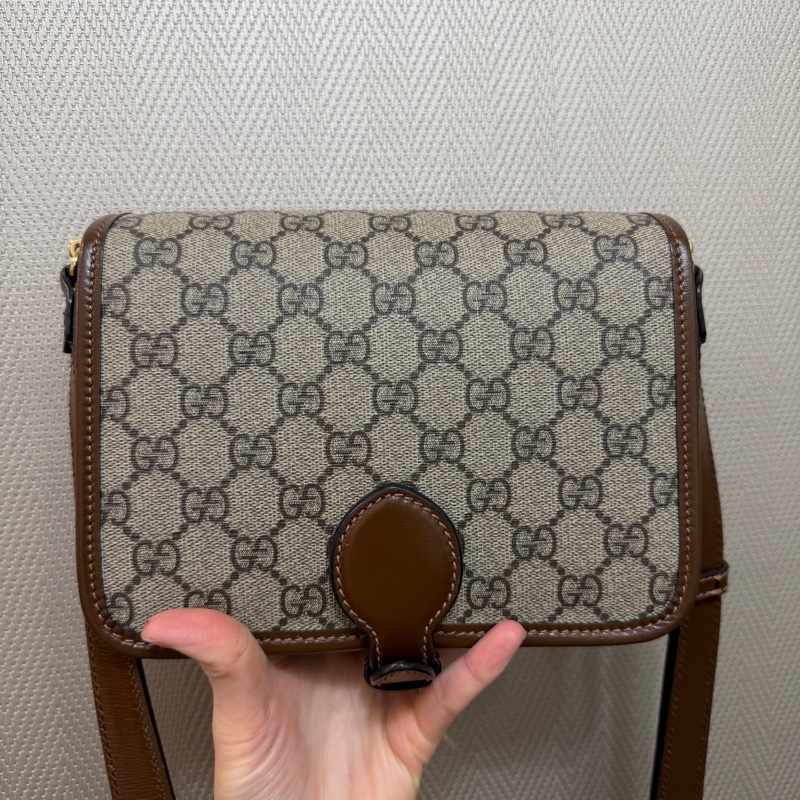 Gucci PVC咖牛皮金釦雙層磁吸斜背包-6