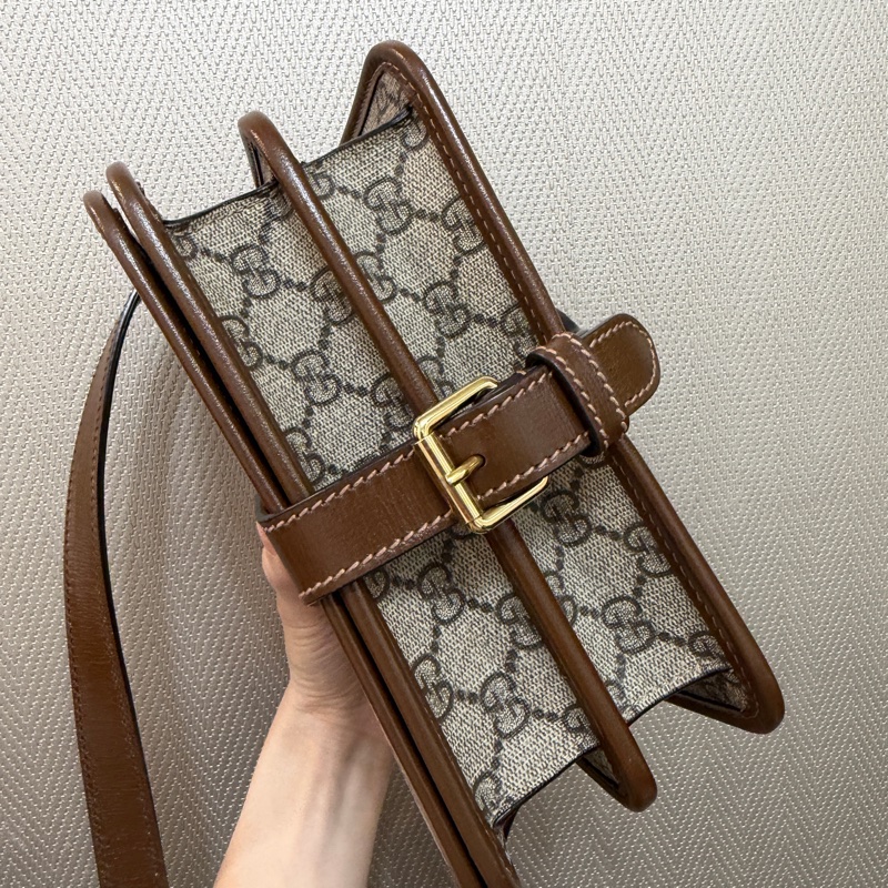 Gucci PVC咖牛皮金釦雙層磁吸斜背包-8