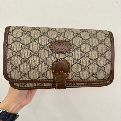 Gucci PVC咖牛皮金釦雙層磁吸斜背包
