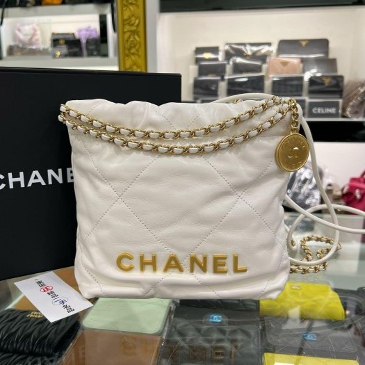 東區正精品㊣CHANEL AS3980 22 mini hobo Handbag 香奈兒迷你白色金字金鍊斜背包 RZ6333-0