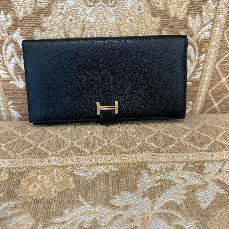 Hermes 黑Epsom金釦Bearn對開5卡長夾-0