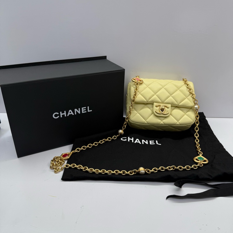 CHANEL 香奈兒 黃色羊皮迷你MATELASSE 翻蓋斜背包 17CM AS3849-2