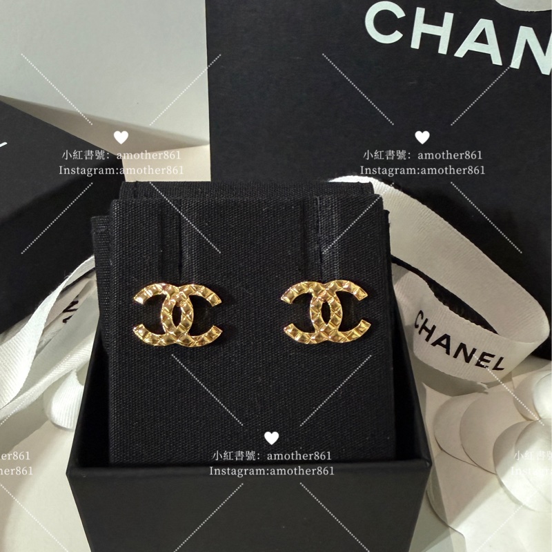 香奈兒 coco crush 平替版金色格菱紋垂墜雙C耳環-1