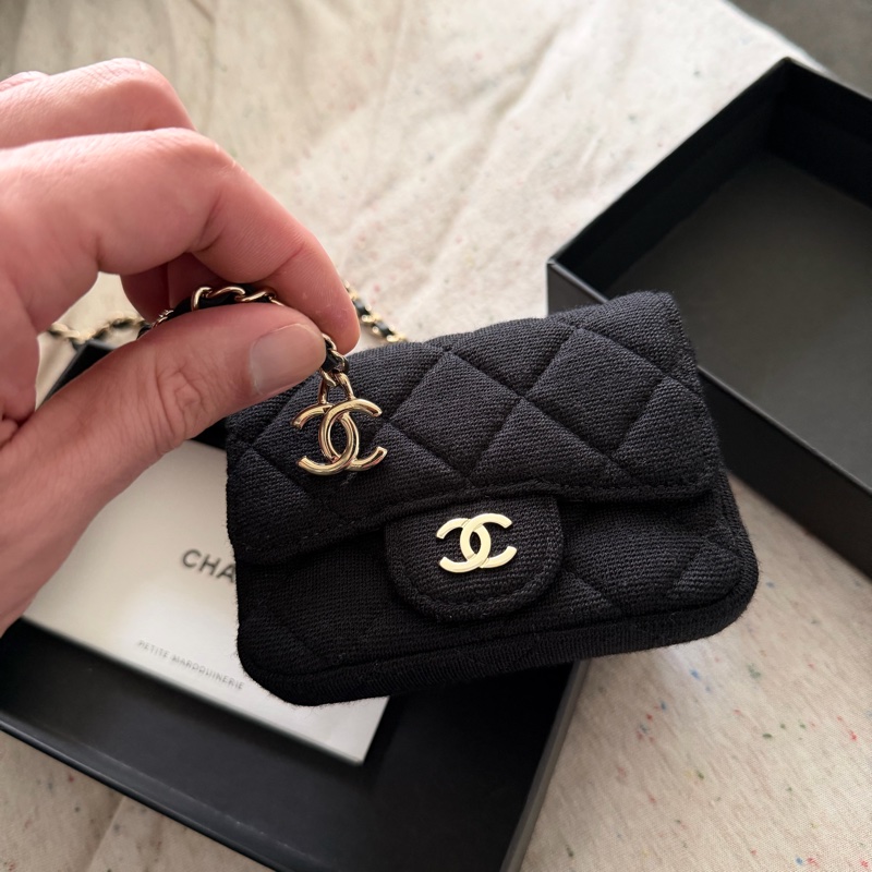 香奈兒迷你包/Authentic Chanel Black Micro Jersey Classic Flap Belt Bag from 2020-46