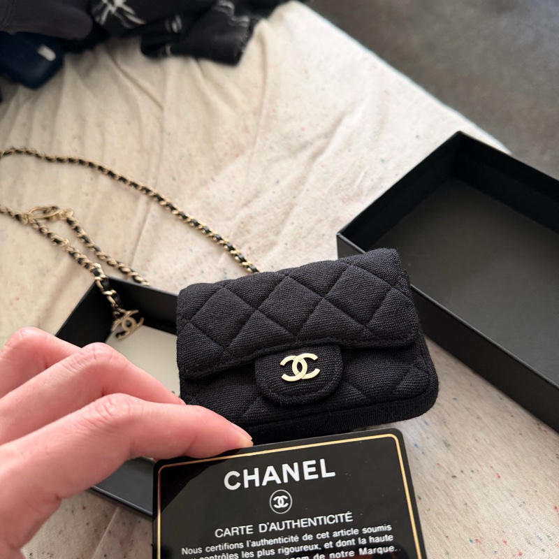 香奈兒迷你包/Authentic Chanel Black Micro Jersey Classic Flap Belt Bag from 2020-48