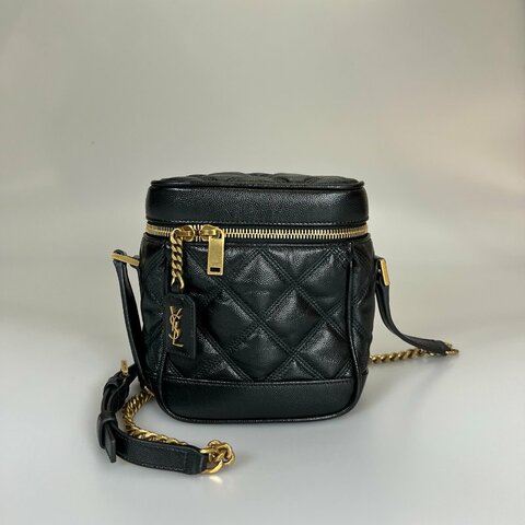 YSL 649779 黑金魚子醬菱格紋盒子鍊條包