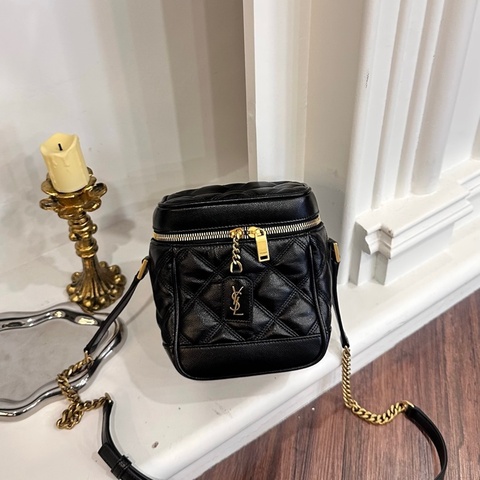 YSL 649779 黑金魚子醬菱格紋盒子鍊條包