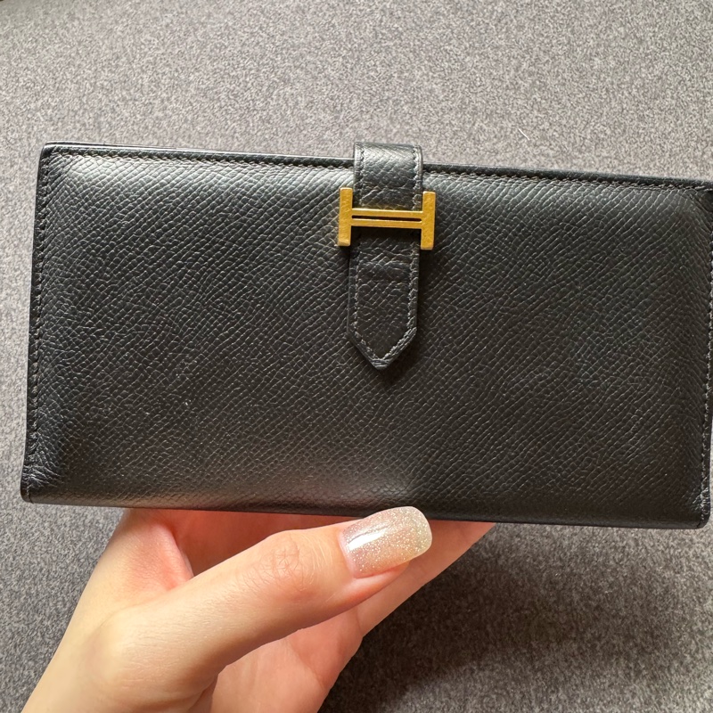 自用划算！Hermès Bearn H 長夾｜黑色金扣｜經典 H 釦長夾-0