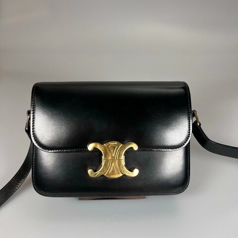 CELINE   黑金皮革方側邊包