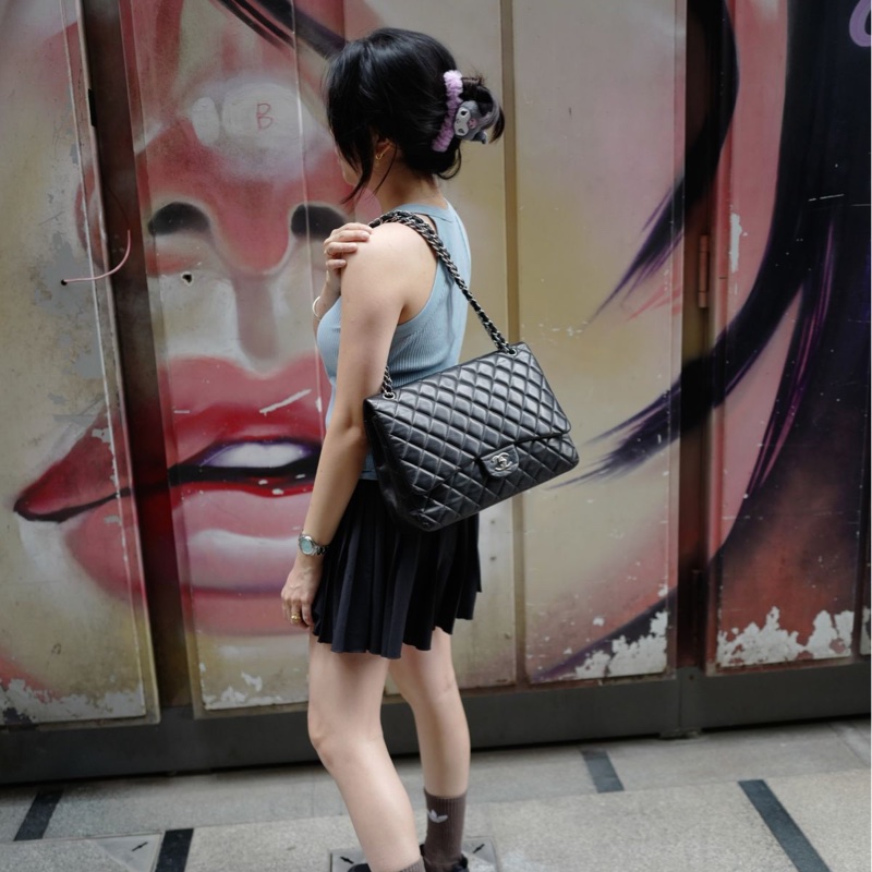 香奈兒 黑色 羊皮鍊條包 Chanel CC Maxi Jumbo Single Flap Chain Bag-2