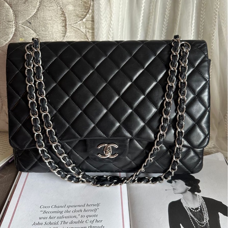 香奈兒 黑色 羊皮鍊條包 Chanel CC Maxi Jumbo Single Flap Chain Bag-5