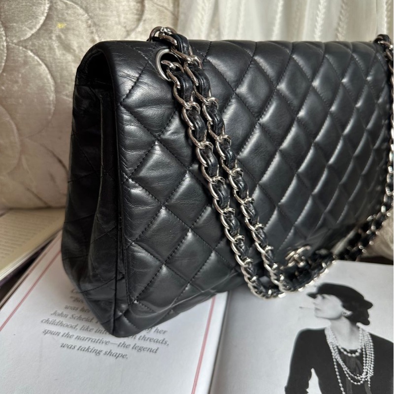 香奈兒 黑色 羊皮鍊條包 Chanel CC Maxi Jumbo Single Flap Chain Bag-11