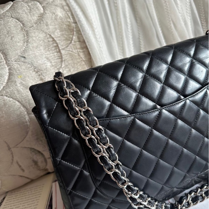 香奈兒 黑色 羊皮鍊條包 Chanel CC Maxi Jumbo Single Flap Chain Bag-12