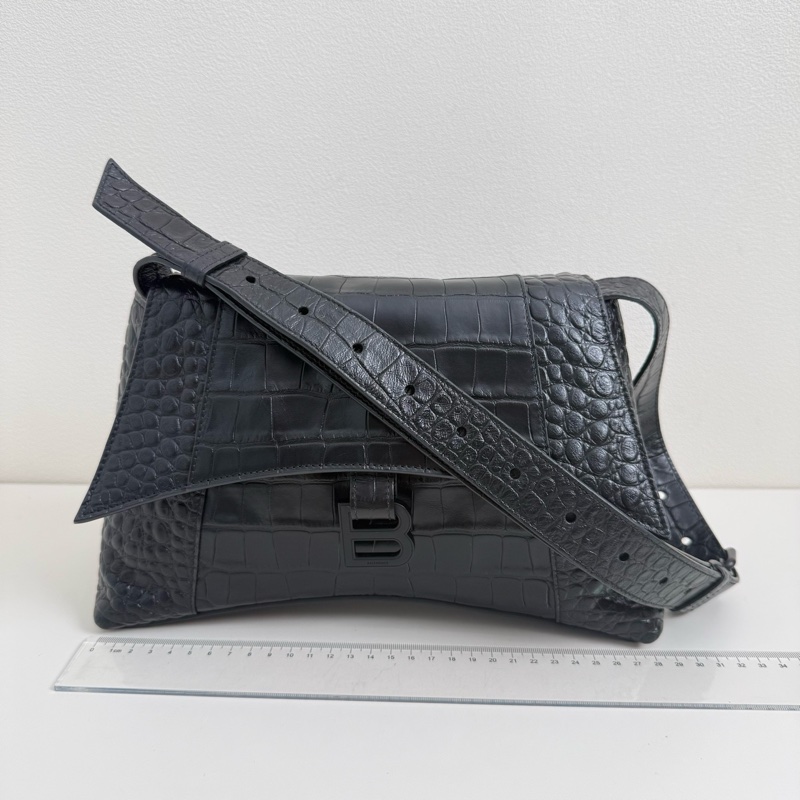 巴黎世家/Balenciaga Downtown黑色鰐魚紋壓花牛皮革單肩包-1