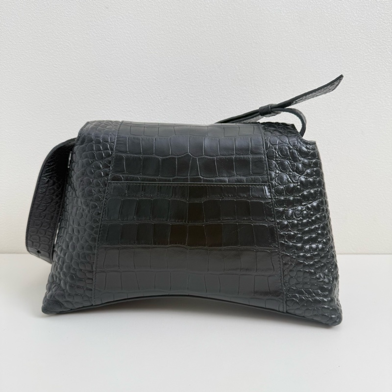 巴黎世家/Balenciaga Downtown黑色鰐魚紋壓花牛皮革單肩包-2