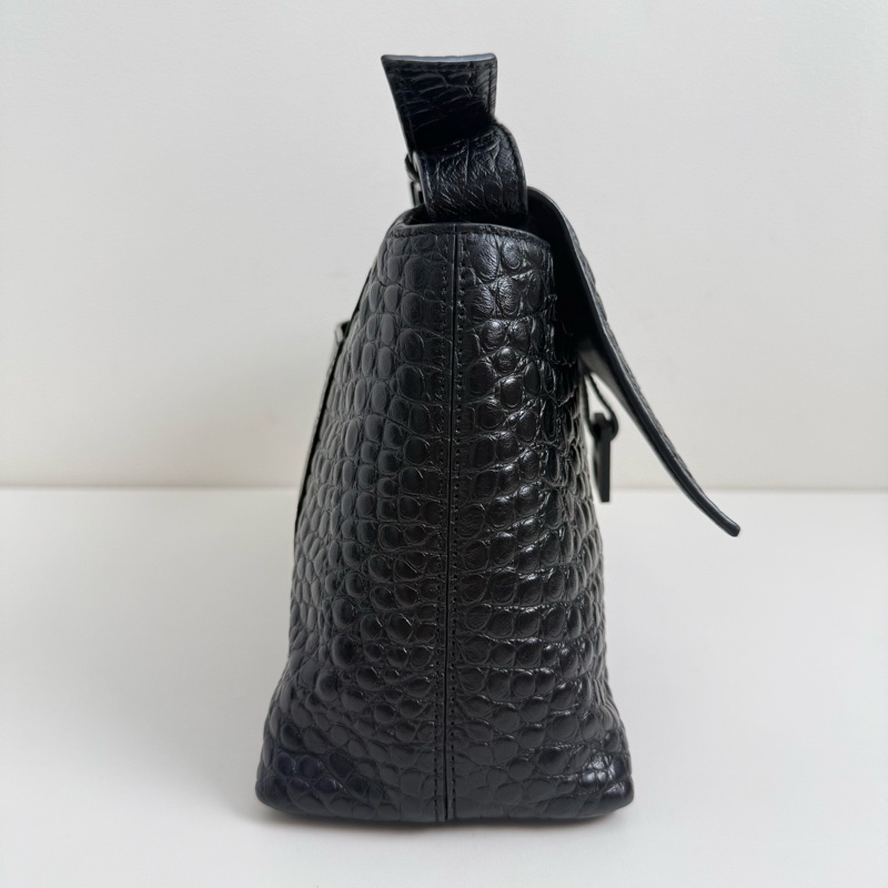 巴黎世家/Balenciaga Downtown黑色鰐魚紋壓花牛皮革單肩包-4