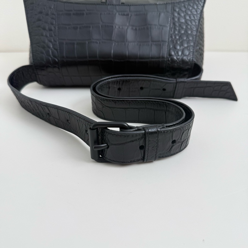 巴黎世家/Balenciaga Downtown黑色鰐魚紋壓花牛皮革單肩包-5