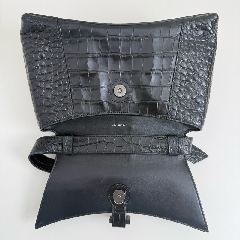 巴黎世家/Balenciaga Downtown黑色鰐魚紋壓花牛皮革單肩包-6