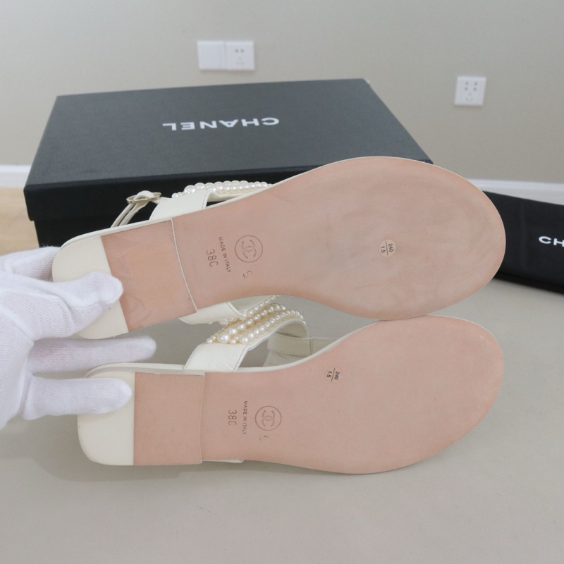 99新 CHANEL香奈兒珍珠雙C女士涼鞋,38碼,配件防塵袋-5