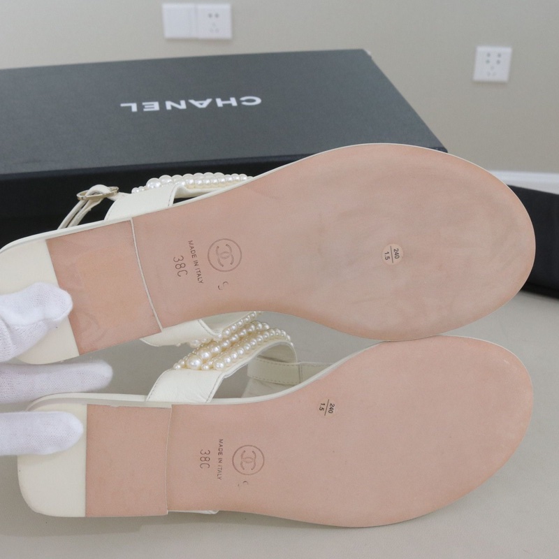99新 CHANEL香奈兒珍珠雙C女士涼鞋,38碼,配件防塵袋-7