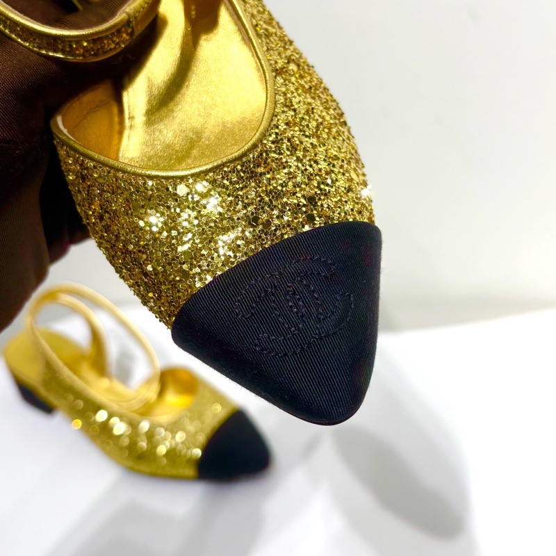 閒置新 未使用 香奈兒Chanel 金色亮片 矮跟瑪麗珍鞋 36碼 跟高4cm 附件:塵袋-3
