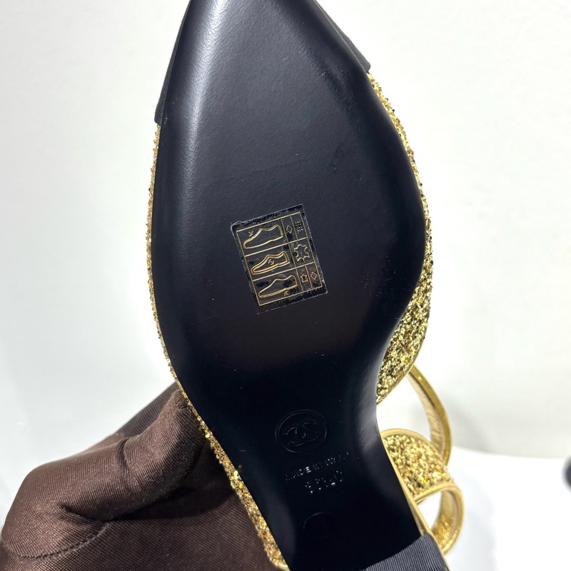 閒置新 未使用 香奈兒Chanel 金色亮片 矮跟瑪麗珍鞋 36碼 跟高4cm 附件:塵袋-4
