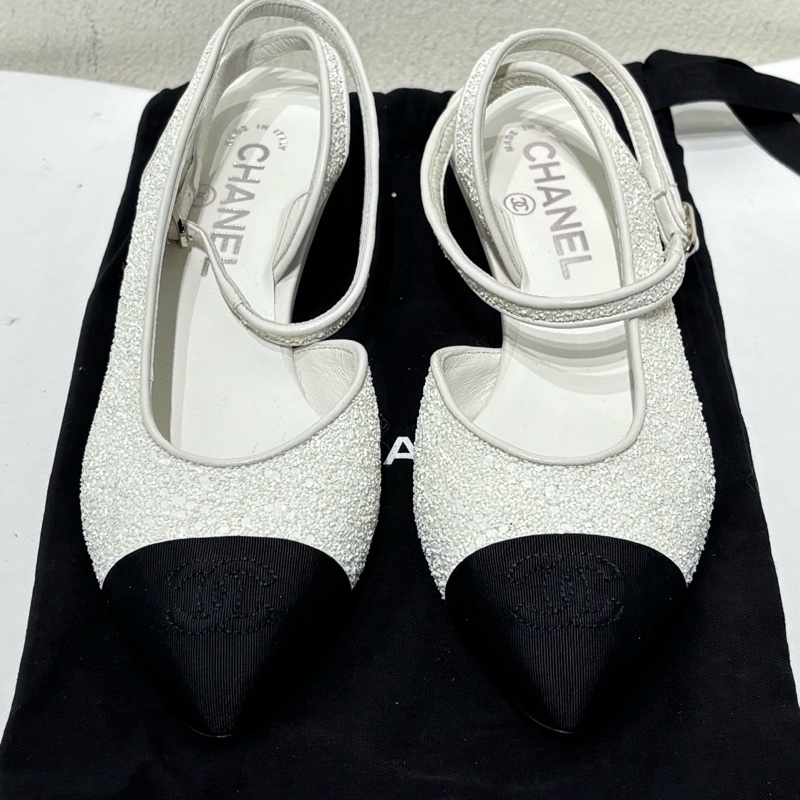 閒置新 未使用 香奈兒Chanel 高級手工坊系列 白色亮片瑪麗珍鞋 36.5碼 附件:塵袋-0