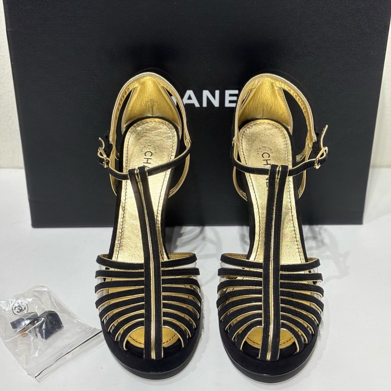 閒置新 香奈兒Chanel 黑金鏤空 高跟鞋 36.5碼 跟高約11cm 附件：有盒-0