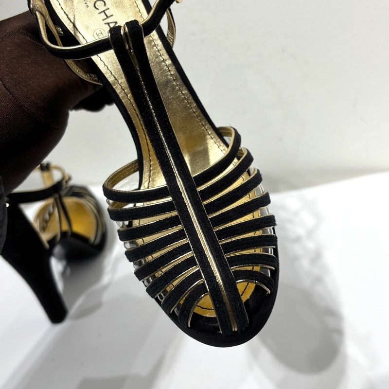 閒置新 香奈兒Chanel 黑金鏤空 高跟鞋 36.5碼 跟高約11cm 附件：有盒-4