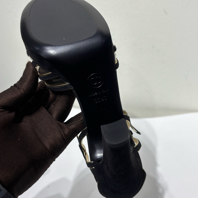 閒置新 香奈兒Chanel 黑金鏤空 高跟鞋 36.5碼 跟高約11cm 附件：有盒-7