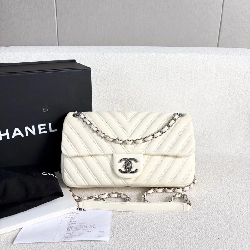 Chanel V紋CF鏈條包 米白色 銀扣 26*16*6  9新 配件盒子 塵袋 購證-0