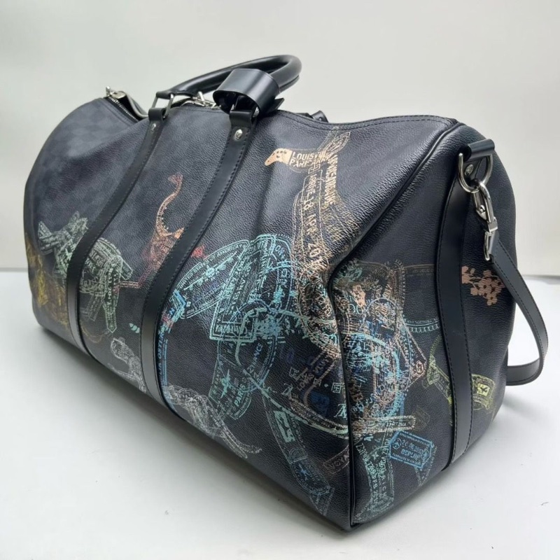 LV經典黑色棋盤格動物園限定 Damier Graphite Stamp 系列kp50行李袋旅行包 50 x 29 x 23 9新 配件鎖鑰匙 塵袋 盒子-5
