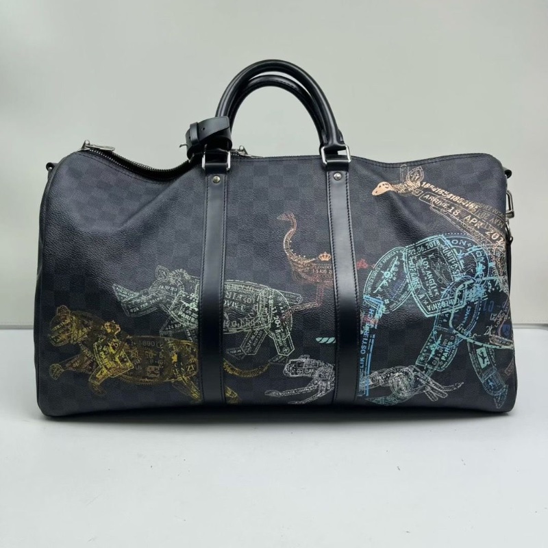 LV經典黑色棋盤格動物園限定 Damier Graphite Stamp 系列kp50行李袋旅行包 50 x 29 x 23 9新 配件鎖鑰匙 塵袋 盒子-7