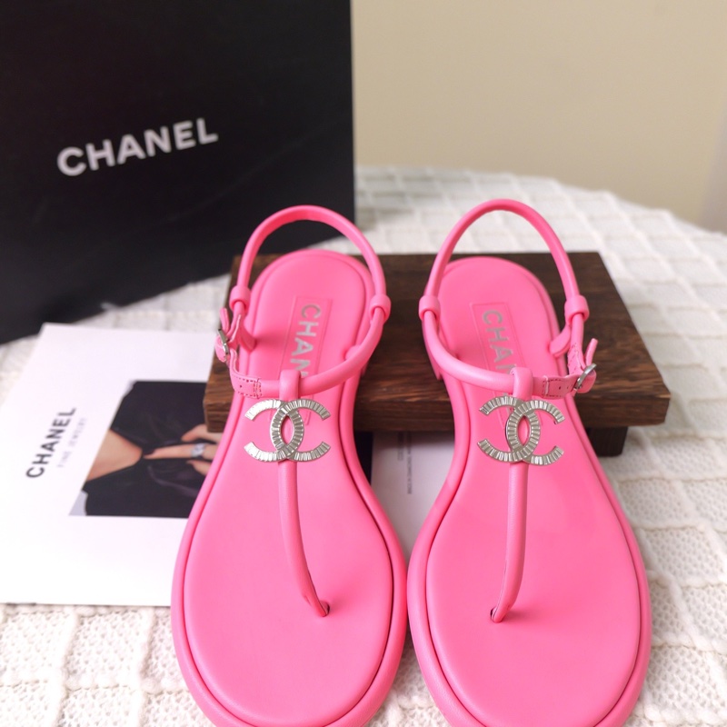 全新❤️CHANEL香奈兒 雙C 平底 一字粉色人字拖 37.5碼-0