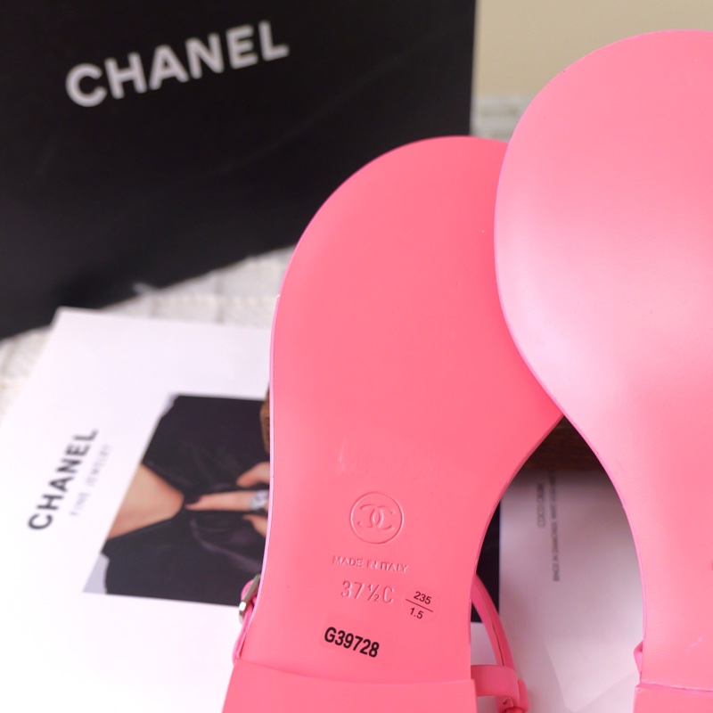 全新❤️CHANEL香奈兒 雙C 平底 一字粉色人字拖 37.5碼-5