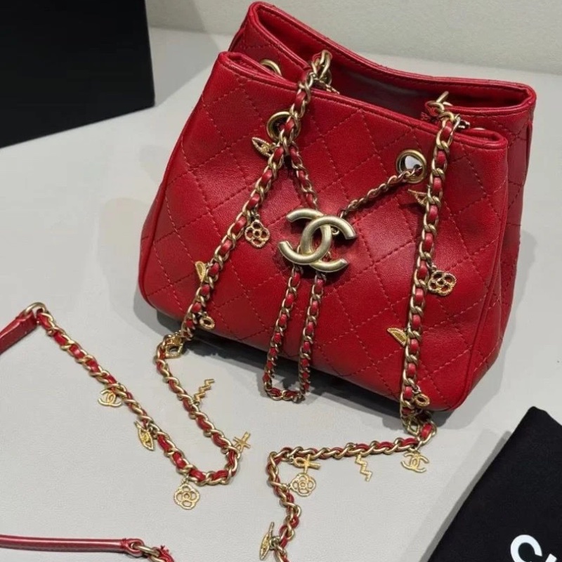 Chanel 紅金 牛皮 mini 抽繩 水桶包18*10*15cm  95新 配件塵袋-2