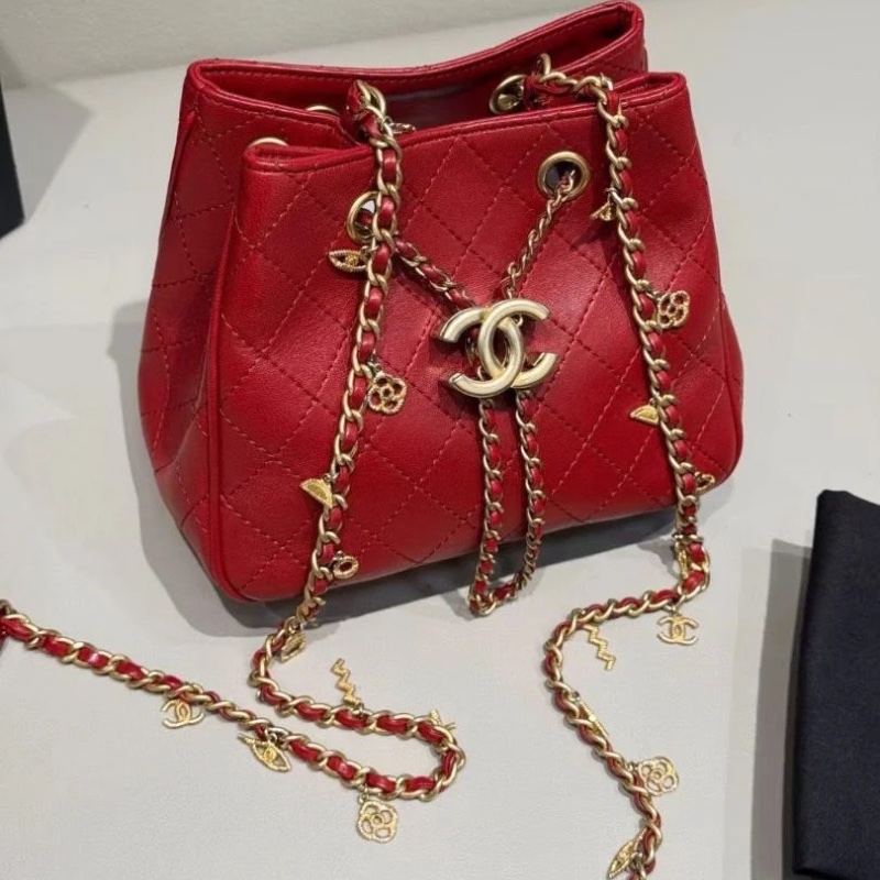 Chanel 紅金 牛皮 mini 抽繩 水桶包18*10*15cm  95新 配件塵袋-3