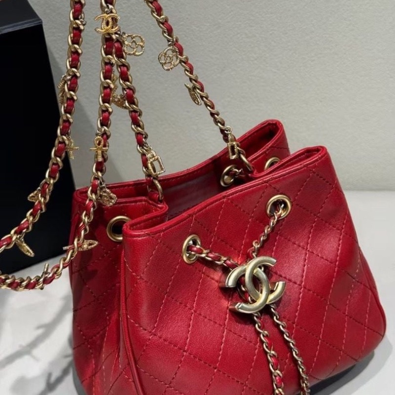 Chanel 紅金 牛皮 mini 抽繩 水桶包18*10*15cm  95新 配件塵袋-5