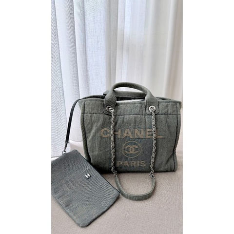 CHANEL 「現貨」牛仔銀釦子母手提肩背沙灘包 33*29*13  9新 配件塵袋