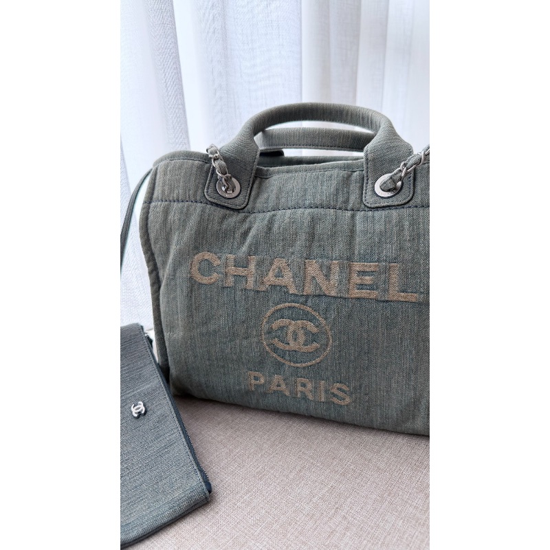 CHANEL 「現貨」牛仔銀釦子母手提肩背沙灘包 33*29*13 9新 配件塵袋-1