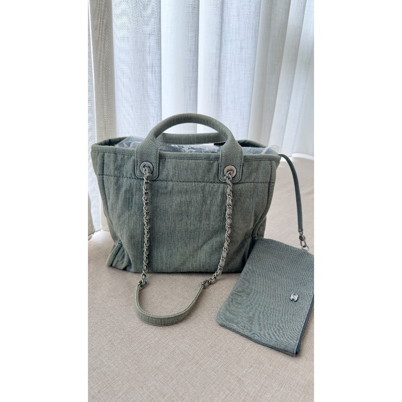CHANEL 「現貨」牛仔銀釦子母手提肩背沙灘包 33*29*13 9新 配件塵袋-2