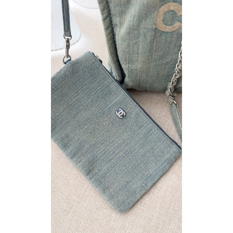 CHANEL 「現貨」牛仔銀釦子母手提肩背沙灘包 33*29*13 9新 配件塵袋-3