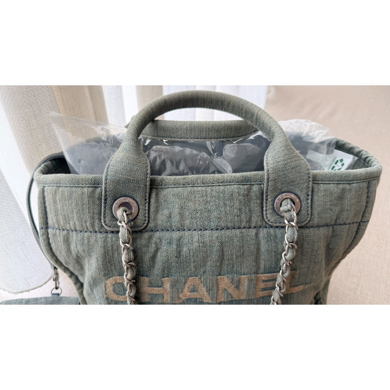 CHANEL 「現貨」牛仔銀釦子母手提肩背沙灘包 33*29*13 9新 配件塵袋-4