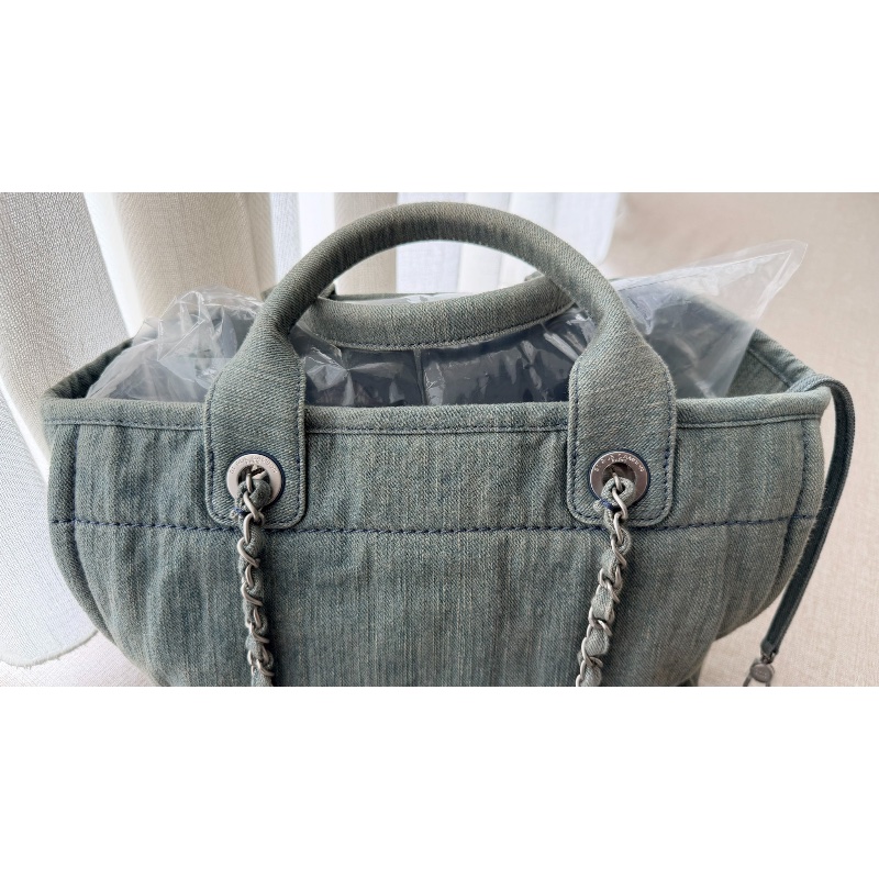 CHANEL 「現貨」牛仔銀釦子母手提肩背沙灘包 33*29*13 9新 配件塵袋-5