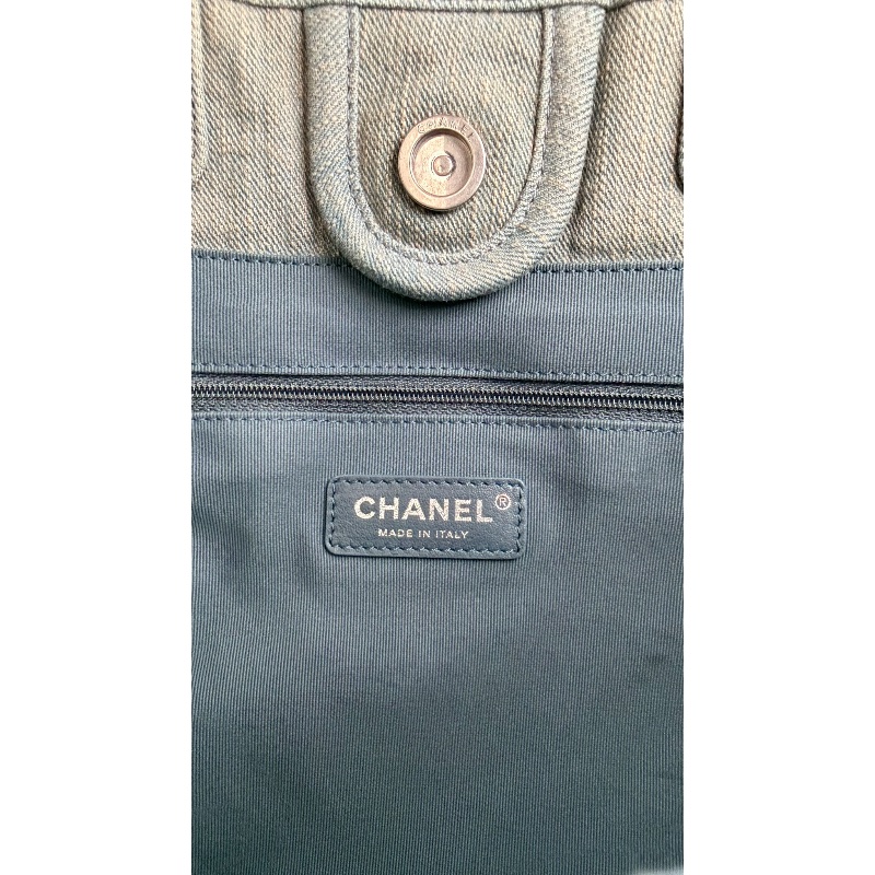 CHANEL 「現貨」牛仔銀釦子母手提肩背沙灘包 33*29*13 9新 配件塵袋-8